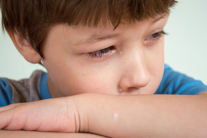 Sad young boy with tear on his cheek, reflecting on family conflict involving parenting and brother’s interference. Sad young boy with tear on his cheek, reflecting on family conflict involving parenting and brother’s interference.