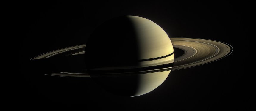 Saturn's rings are tilted about 26.7 degrees relative to the planet's orbital plane.