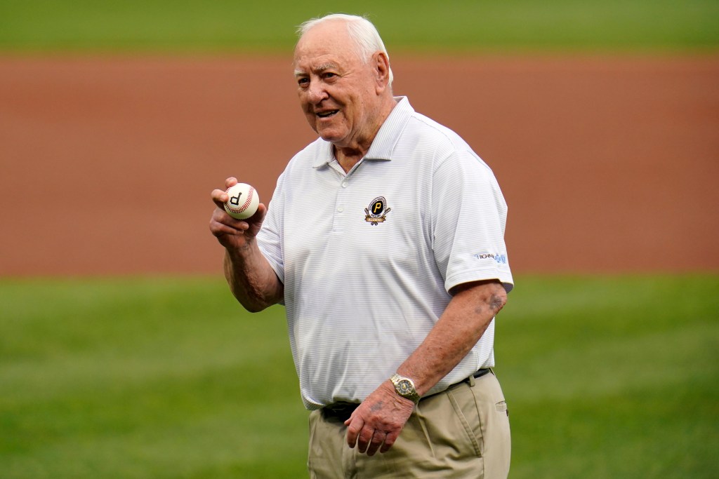 Bill Mazeroski prepares to throw a ceremonial first pitch.