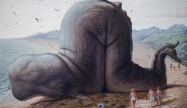An absurdist painting by Bruno Pontiroli of a giant, scrunched whale on the shore with tiny people looking on.