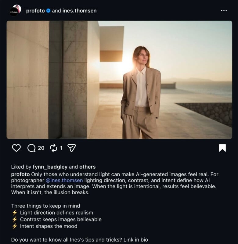 A person in a light-colored suit stands outdoors in soft sunlight, casting a long shadow on a smooth surface. The background is minimal, with geometric shapes and a subtle, warm glow.