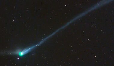 A photo of the green comet with a long tail in the night sky