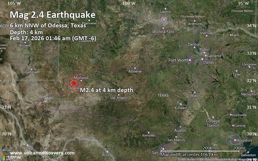 Small Magnitude 2.4 Earthquake 4 Miles Northwest of Odessa, Texas, United States