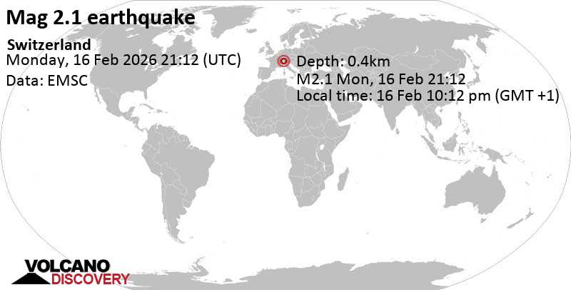 2.1 quake Kanton Uri, 49 km southeast of Kriens, Switzerland, Feb 16, 2026 10:12 pm (GMT +1)