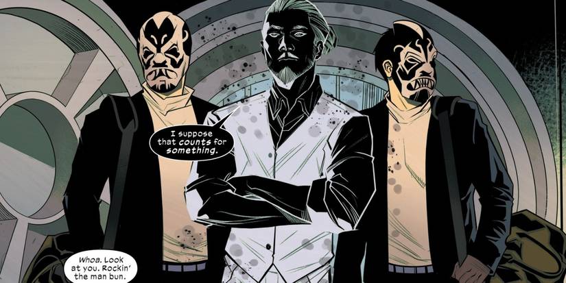 Mr. Negative and his goons confronting Spider-Man.