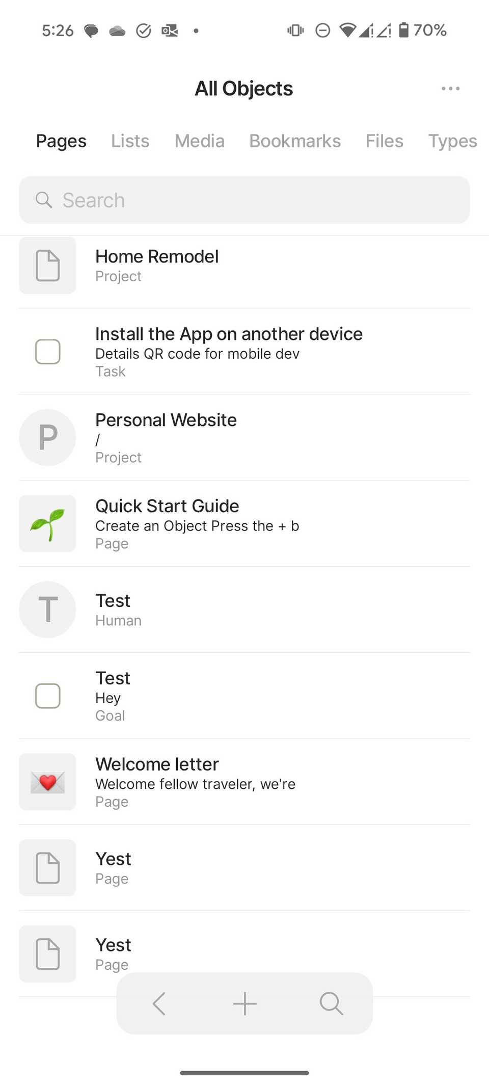 Objects list in Anytype