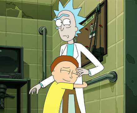 Morty hugging a disconcerted Rick in Rick & Morty