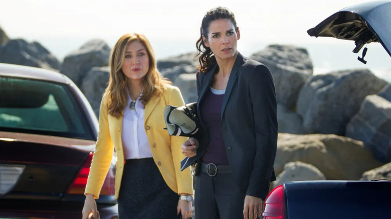 Maura Isles (Sasha Alexander) and Jane Rizzoli (Angie Harmon) stand together by a parked car with an open trunk in Rizzoli & Isles