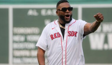 Boston Red Sox David Ortiz pumps his fist before throwing out the ceremonial first pitch before they play the New York Yankees during MLB action on Saturday September 13, 2025.