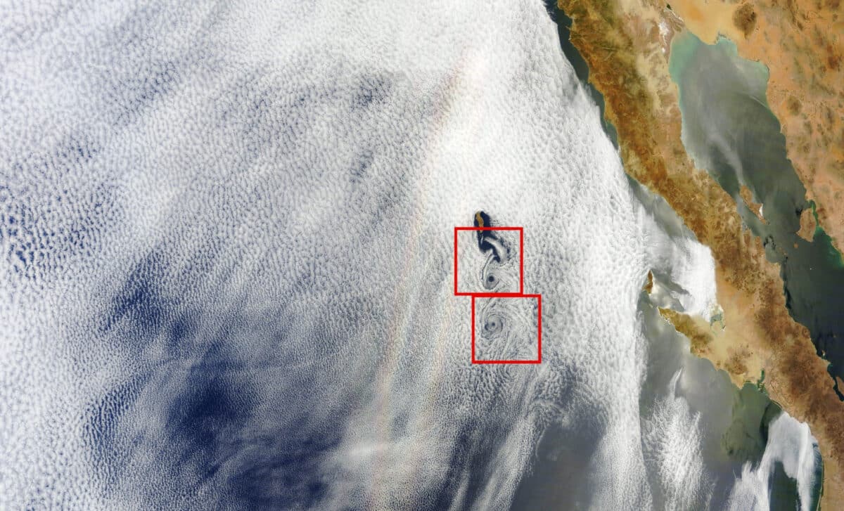 Satellite Image Collected By Nasa In 2012 Shows Two Spectacular Weather Phenomena Over The Pacific Ocean
