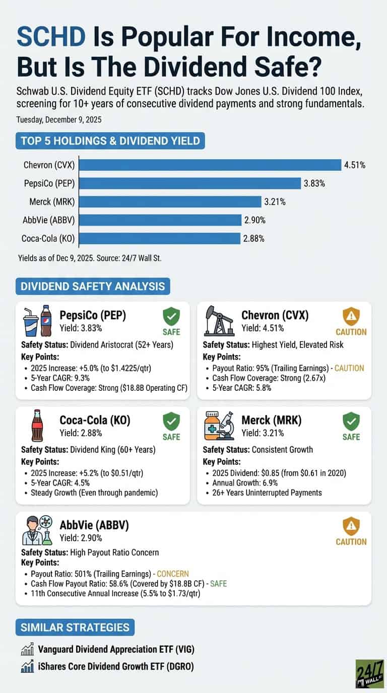 An infographic titled 'SCHD Is Popular For Income, But Is The Dividend Safe?' presents data as of December 9, 2025. It features three main sections. The first, 'Top 5 Holdings & Dividend Yield,' displays a horizontal bar chart showing Chevron (CVX) at 4.51%, PepsiCo (PEP) at 3.83%, Merck (MRK) at 3.21%, AbbVie (ABBV) at 2.90%, and Coca-Cola (KO) at 2.88%. The second section, 'Dividend Safety Analysis,' includes five detailed cards, one for each holding. PepsiCo (3.83%), Coca-Cola (2.88%), and Merck (3.21%) are rated 'Safe,' with green shield icons and key points highlighting dividend aristocracy, king status, or consistent growth. Chevron (4.51%) and AbbVie (2.90%) are rated 'Caution,' with yellow triangle icons and key points citing elevated risk due to high payout ratios. The third section, 'Similar Strategies,' lists Vanguard Dividend Appreciation ETF (VIG) and iShares Core Dividend Growth ETF (DGRO).