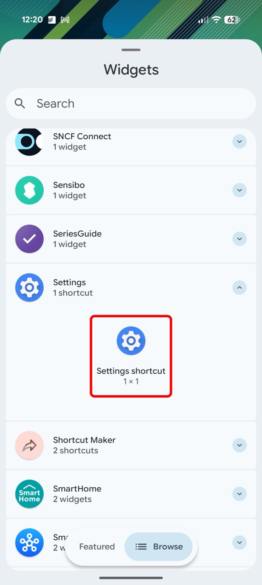 screenshot adding home screen widget settings shortcut