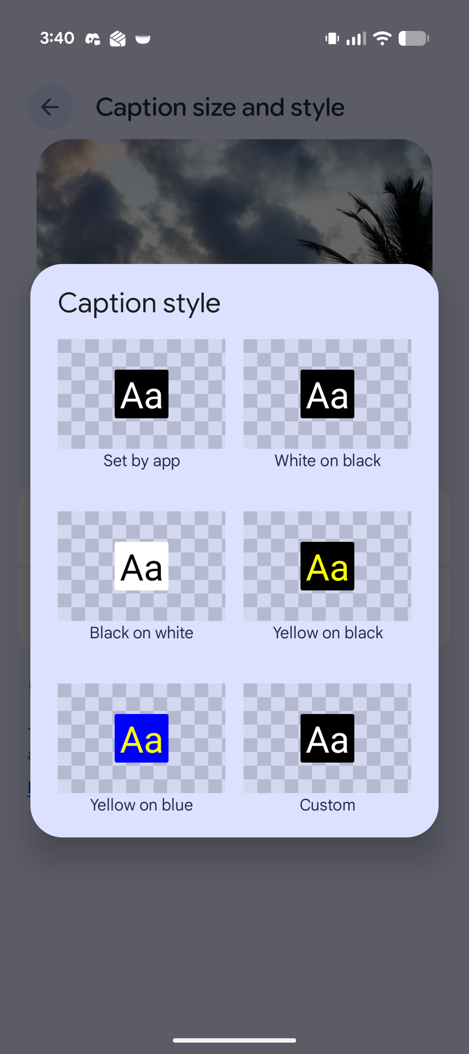 A screenshot displaying live caption's style presets