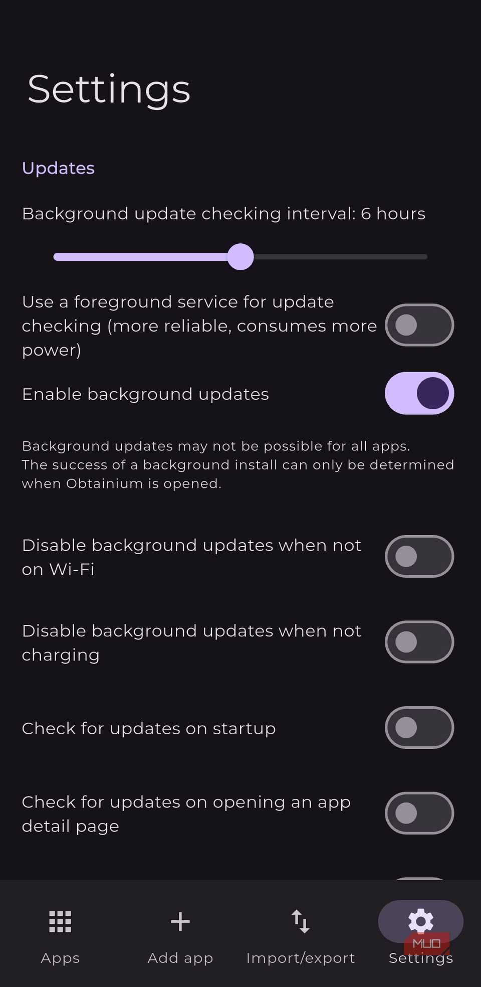 Settings in Obtainium
