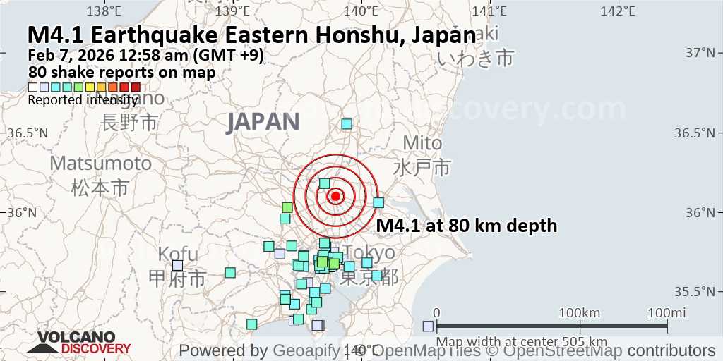 Moderate Mag. 4.7 Earthquake - Saitama, 37 km North of Tokyo, Tokyo, Japan, on Saturday, Feb 7, 2026, at 12:58 am (GMT +9)