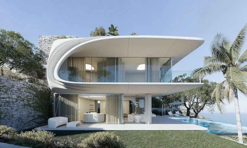 shape of a breaking wave frozen in mid-air inspires sculpted perla residence in marbella