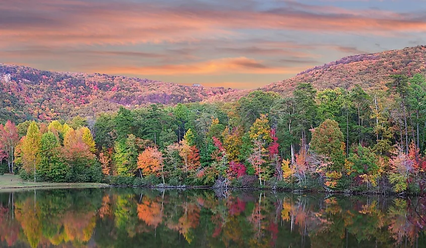 Panorama of the fall foliage in the Lake at Cheaha State Park, Alabama.