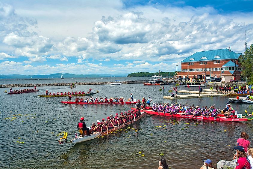 Dragon boat races on Lake Champlain in Burlington, Vermont.