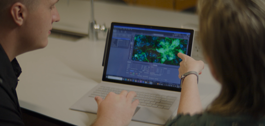 Singer and Hayden Moore, a Georgia Tech biomedical doctoral student, review images of how the immune cells of the brain were responding to Alzheimer's pathology in the context of the flickering lights and sound.