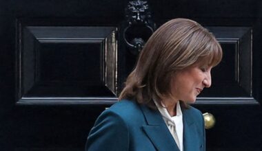 Chancellor Rachel Reeves holds the red budget box outside 11 Downing Street. Pic: Reuters