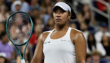 Destanee Aiava, of Australia, reacts after losing a point against Jasmine Paolini, of Italy, during the first-round of the U.S. Open tennis