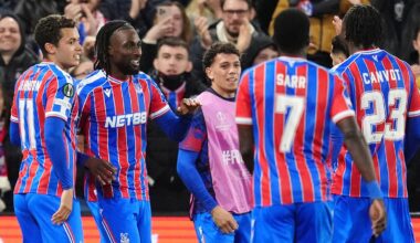 Crystal Palace's Evann Guessand (second left) celebrates with team-mates after scoring their side's second goal in the Europa League