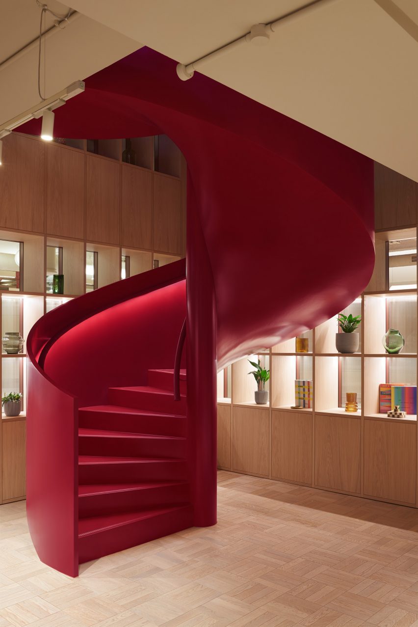 Red spiral staircase in Nineteen Wells Street office 