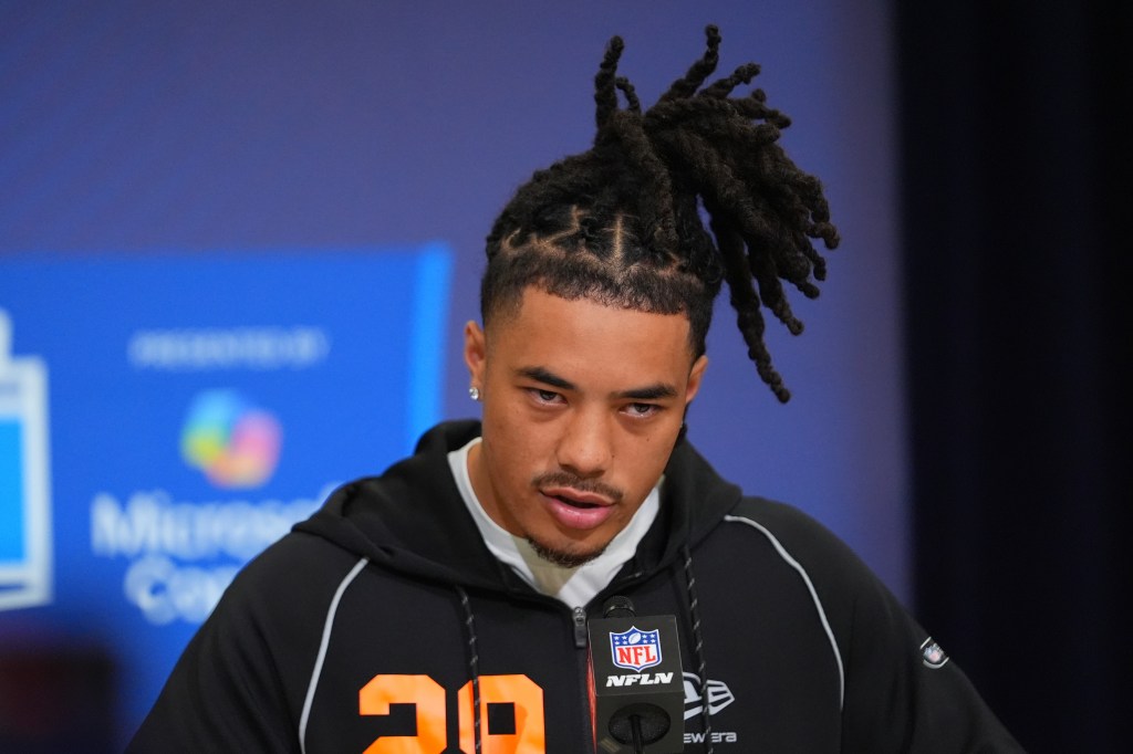 Southern California wide receiver Makai Lemon (29) speaks during a news conference at the NFL football scouting combine.
