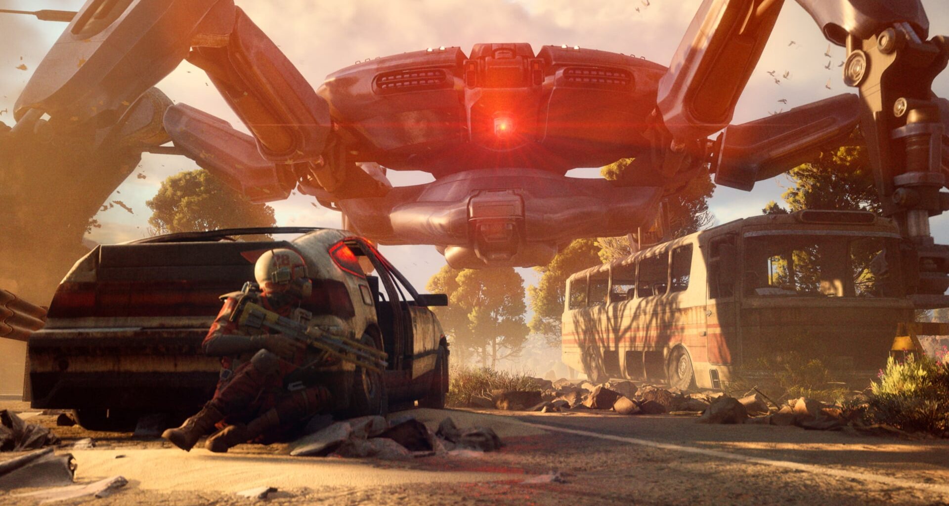 A player crouches behind a car to hide from a massive robot.