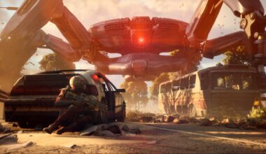 A player crouches behind a car to hide from a massive robot.