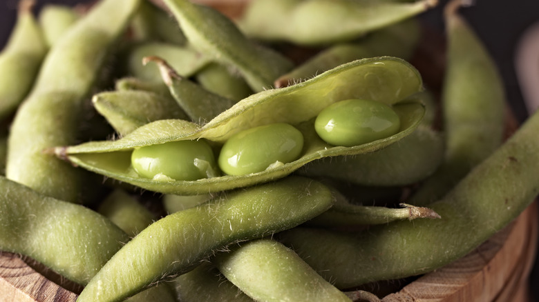 Three edamame beans in a pod
