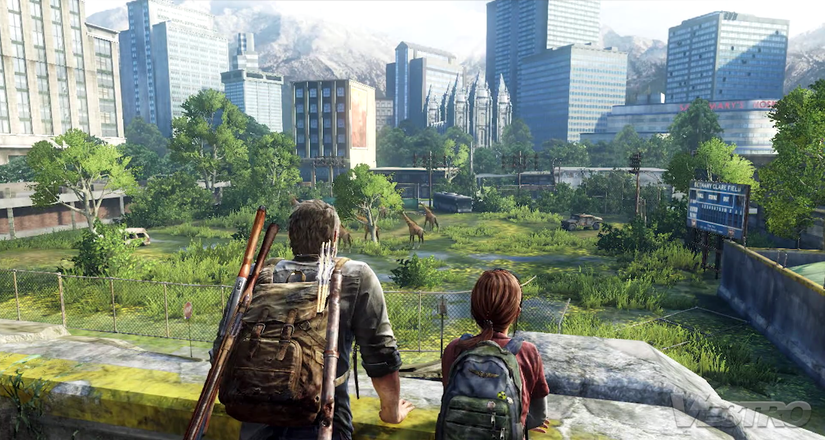 Joel and Ellie look at a field in The Last of Us.