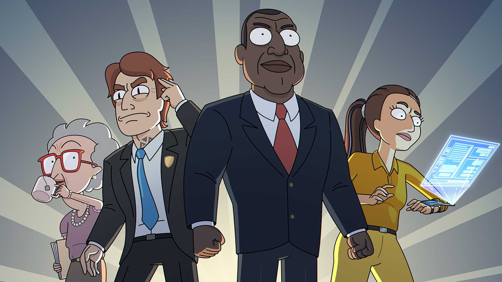 The President Curtis cast posing in announcement art
