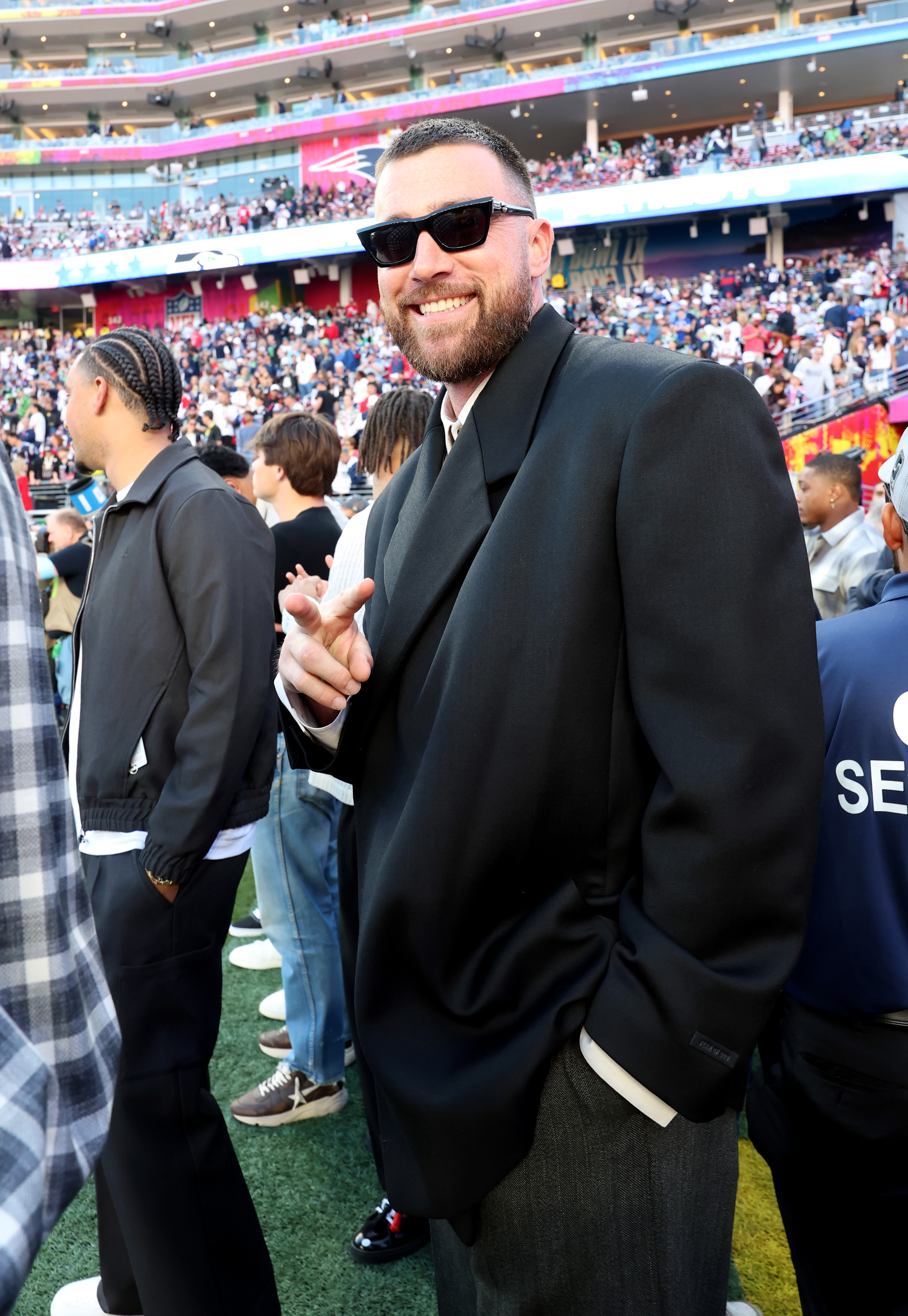 Travis Kelce on the field prior to Super Bowl LX between the New England Patriots and the Seattle Seahawks at Levi's Stadium on February 08, 2026 in Santa Clara, California.