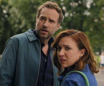 Rafe Spall and Esther Smith look confused in a scene from Trying Season 4