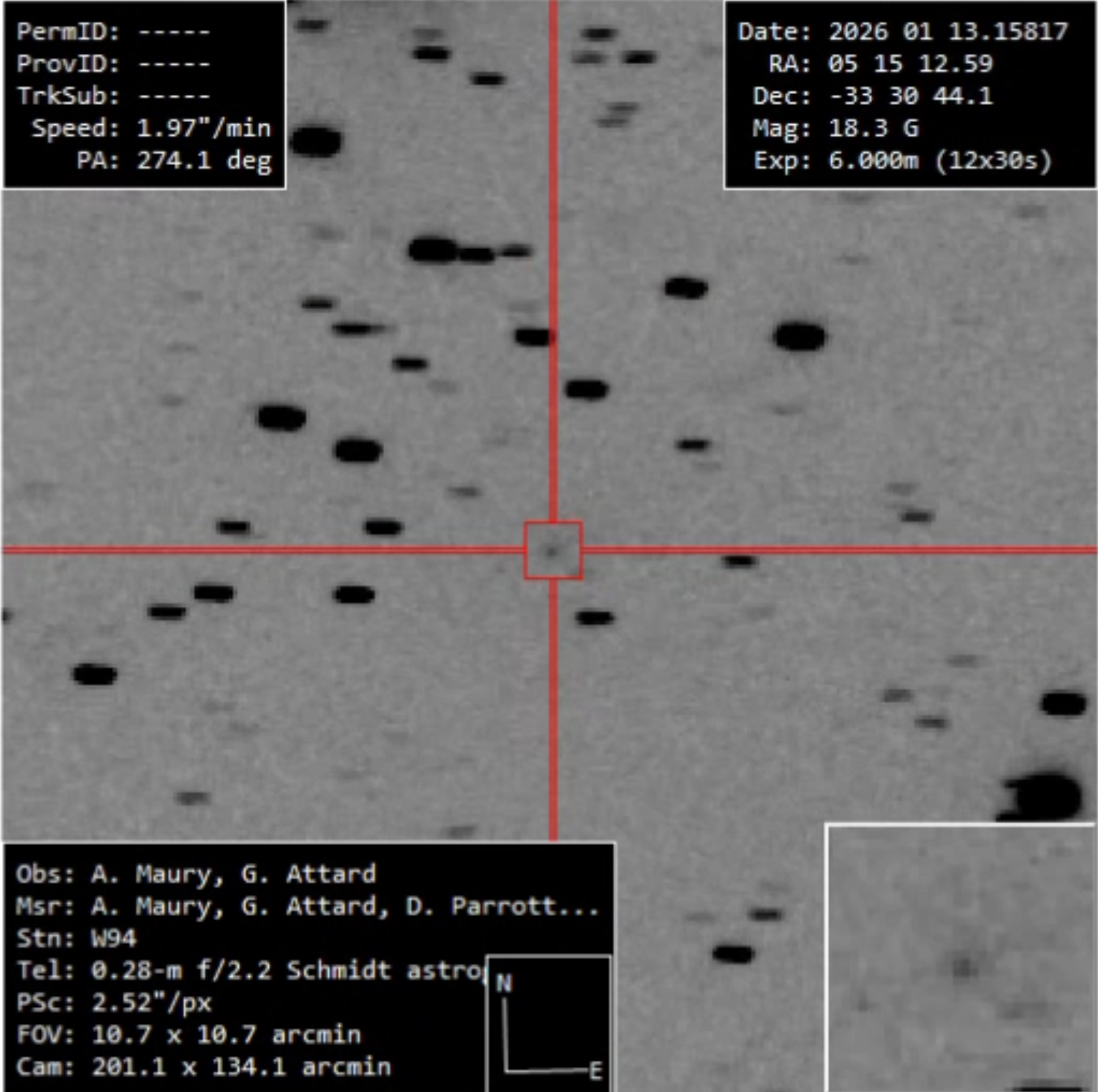 A larger version of the hero image, with a gray background speckled with black dots with a box and crosshairs circling a dot in the center of the image. In three corners of the image are lines of white text with labels