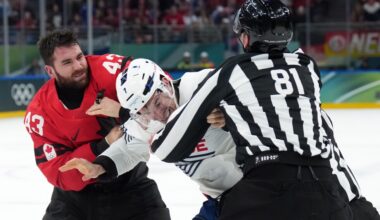 Tom Wilson fights in Canada's game vs. France at the Olympics