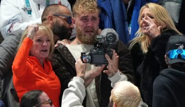 Jake Paul cheers for his fiancée, Jutta Leerdam, at Olympic win