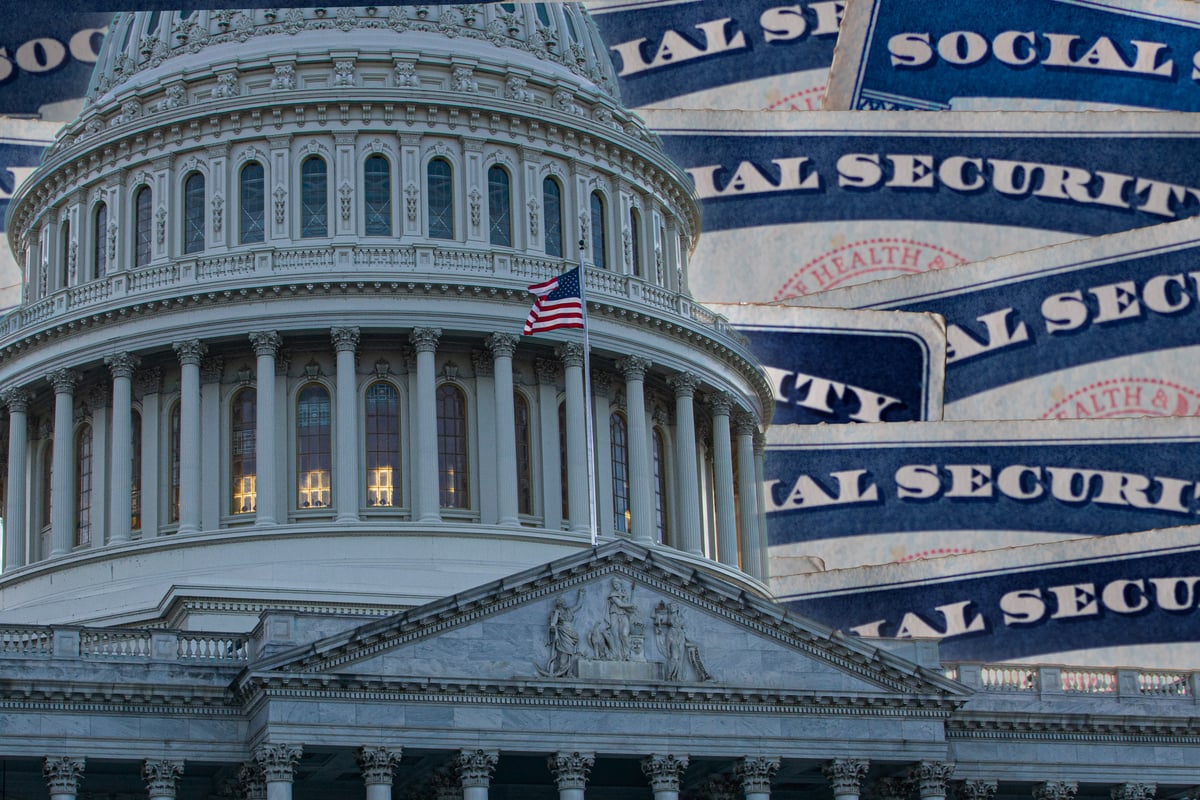 The U.S. Capitol with Social Security cards behind it.