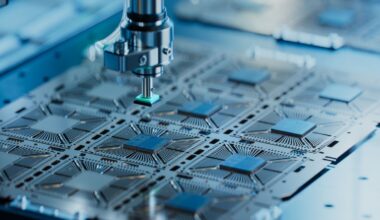 Computer processing chips are manufactured in a semiconductor foundry.