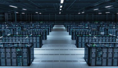 The inside of a large data center.