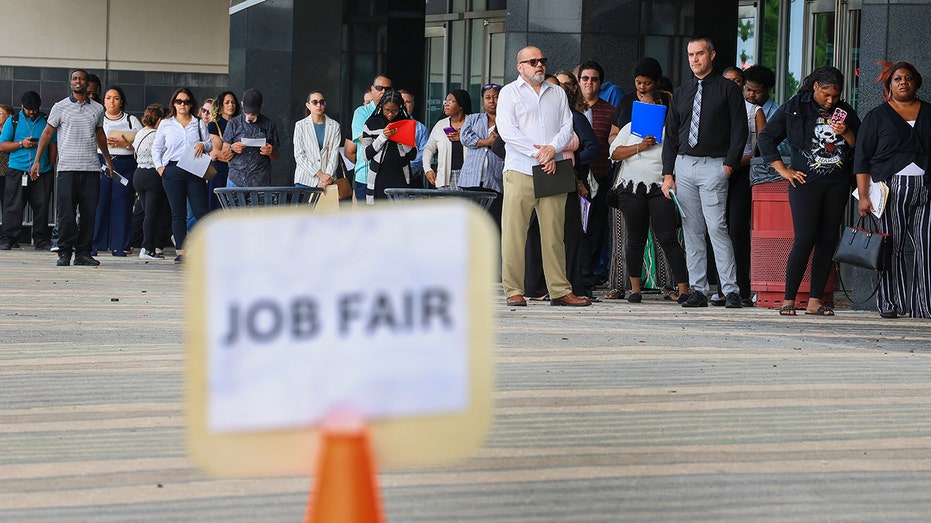 People line up for job fair