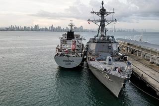 The US Navy warship USS Sampson docks at the Amador International Cruise Terminal in Panama City, August 2025.