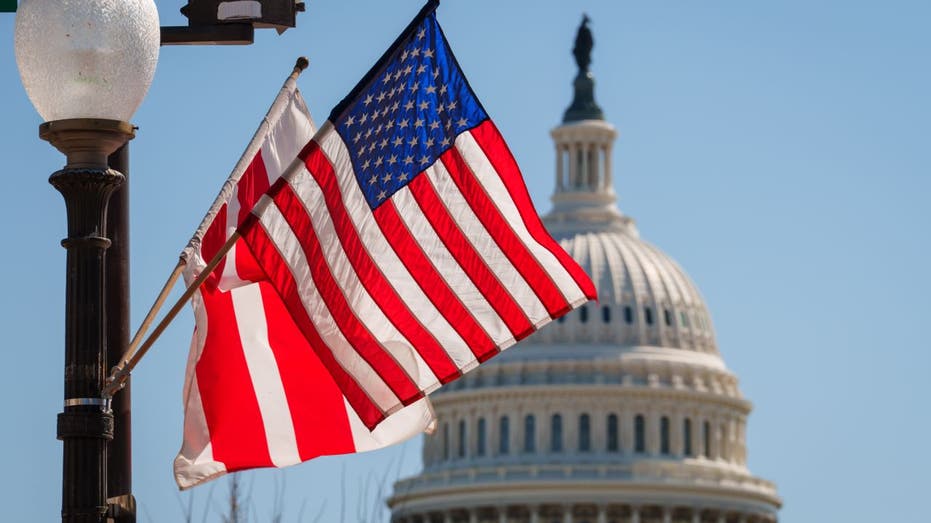 A U.S. flag flies with the Capitol in the background