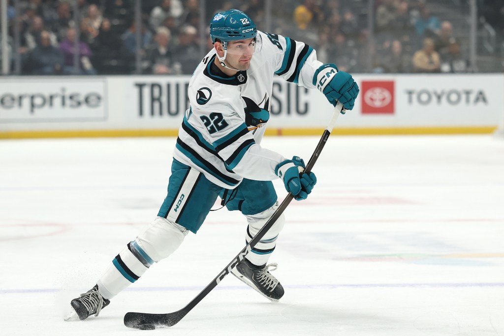 Vincent Iorio of the San Jose Sharks shoots the puck.