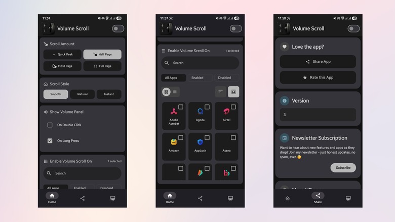 Different setting pages of the Volume Scroll Android app