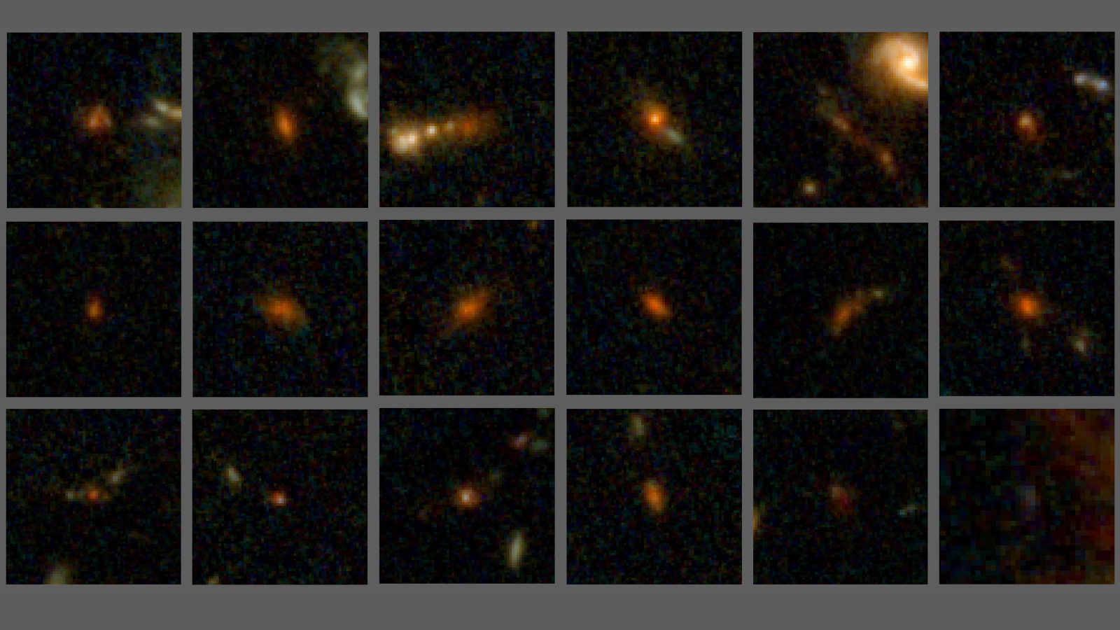 A grid showing 18 dusty galaxies that look like reddish splotches and golden splotches.
