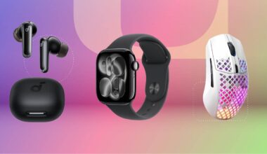 A pair of earbuds, smart watch and gaming mouse against a pink gradient CNET background.