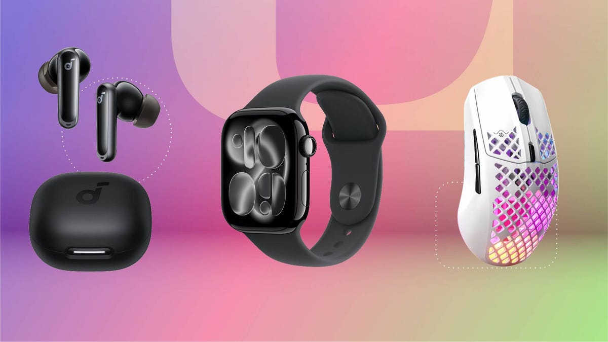 A pair of earbuds, smart watch and gaming mouse against a pink gradient CNET background.