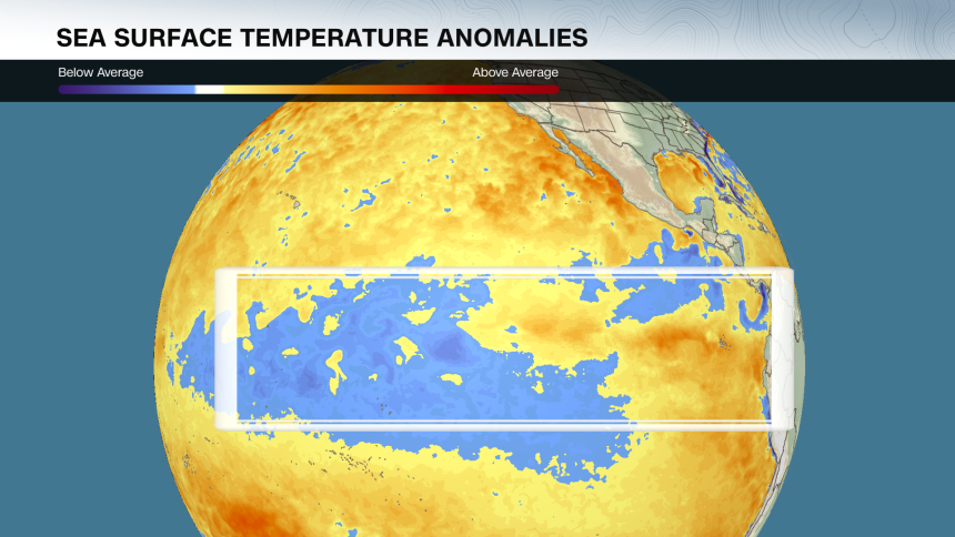 The rectangle shows the area of the Pacific that scientists look to for detecting El Niño and La Niña. Water temperatures are mostly cooler-than-average now, indicating weak La Niña conditions are present.